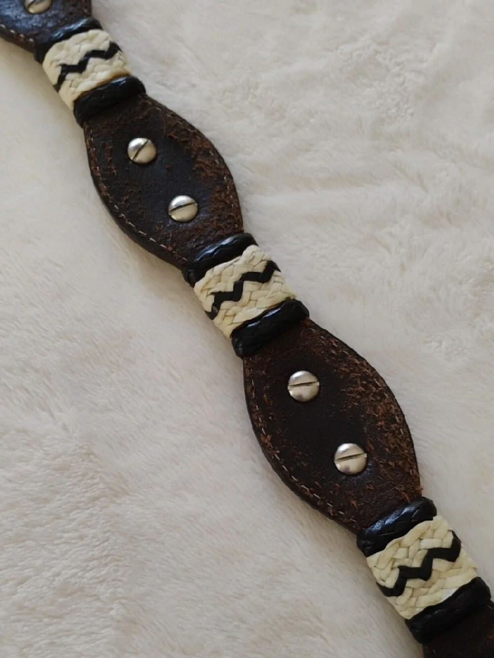 Women's Western  Leather Belt with Silver Look Conchos and Cream Braided Accents